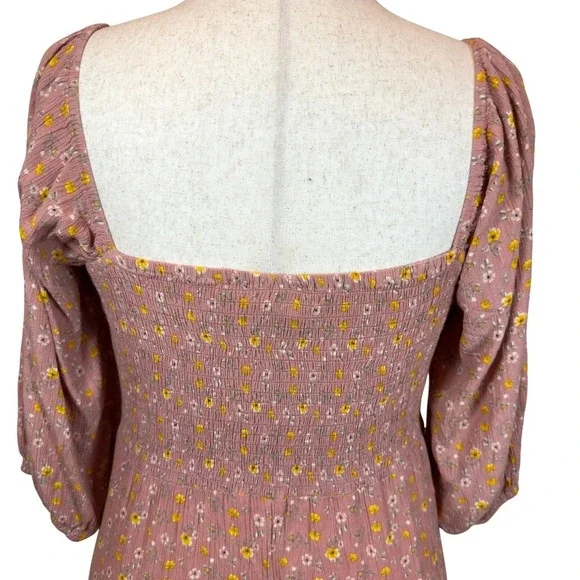 Floral Mini Dress Medium Dusty Rose Puff Sleeves Smocked Back Ruffle Hem Boho - Picture 4 of 11